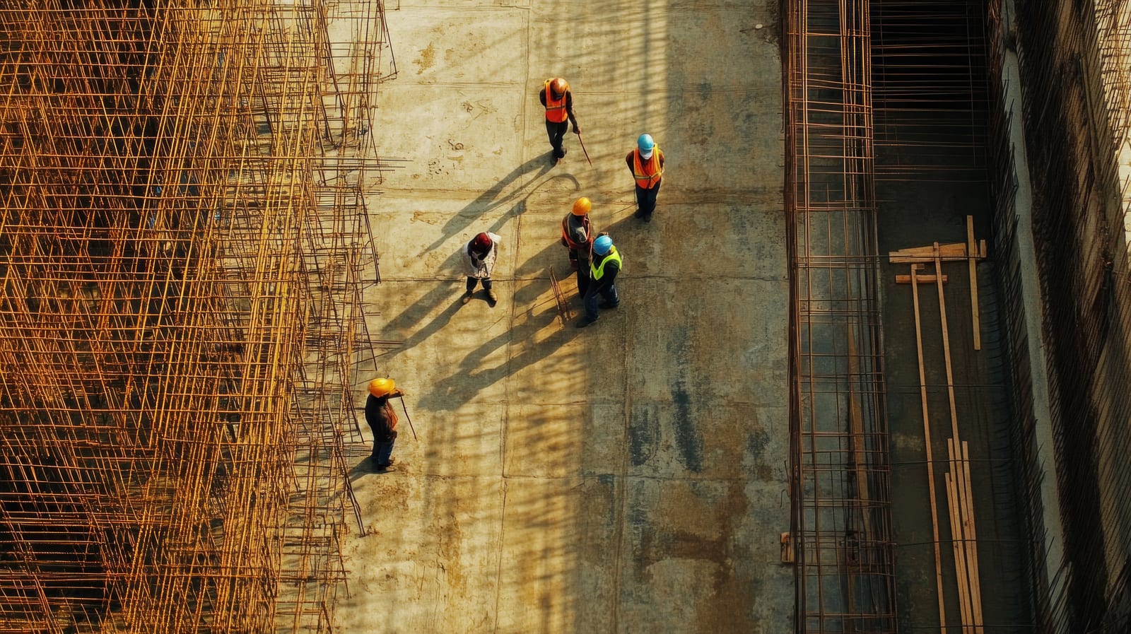 Aerial view of construction workers around steel structures on site